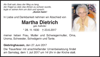 Traueranzeige von Martha Dietrich von Waldeckische Landeszeitung