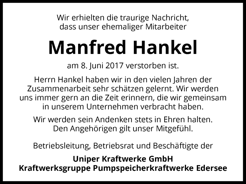  Traueranzeige für Manfred Hankel vom 13.06.2017 aus Waldeckische Landeszeitung