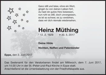 Traueranzeige von Heinz Müthing von Waldeckische Landeszeitung