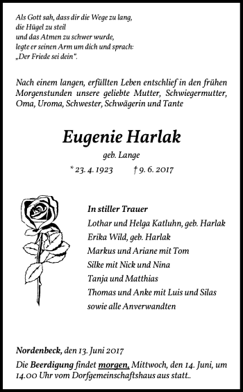 Traueranzeige von Eugenie Harlak von Waldeckische Landeszeitung