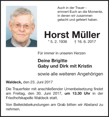 Traueranzeige von Horst Müller von Waldeckische Landeszeitung