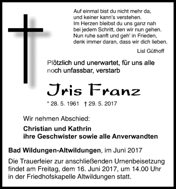 Traueranzeige von Iris Franz von Waldeckische Landeszeitung