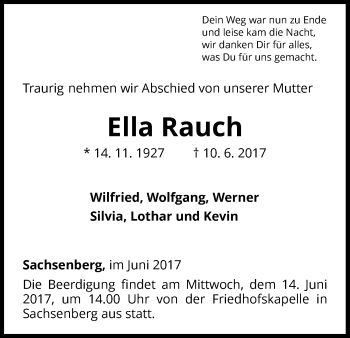 Traueranzeige von Ella Rauch von Waldeckische Landeszeitung