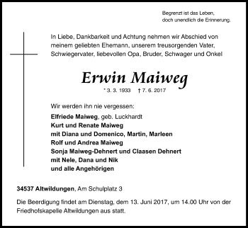 Traueranzeige von Erwin Maiweg von Waldeckische Landeszeitung