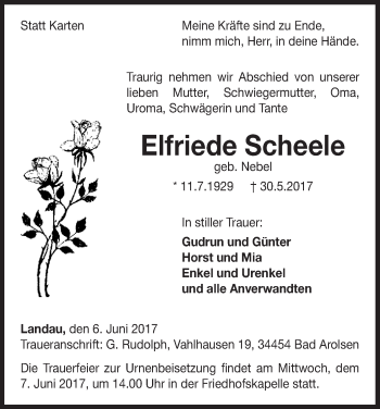 Traueranzeige von Elfriede Scheele von Waldeckische Landeszeitung