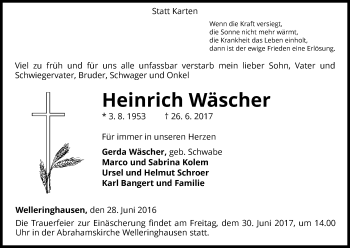 Traueranzeige von Heinrich Wäscher von Waldeckische Landeszeitung