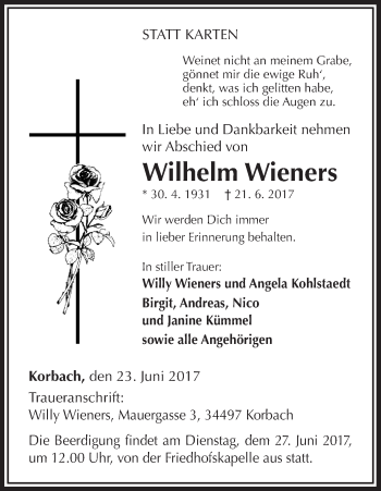 Traueranzeige von Wilhelm Wieners von Waldeckische Landeszeitung