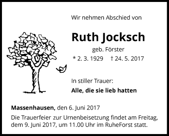 Traueranzeige von Ruth Jocksch von Waldeckische Landeszeitung