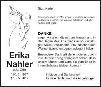 Traueranzeige von Erika Nahler von Waldeckische Landeszeitung