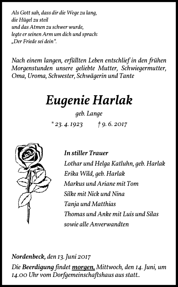  Traueranzeige für Eugenie Harlak vom 13.06.2017 aus Waldeckische Landeszeitung