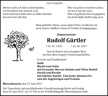 Traueranzeige von Rudolf Gürtler von Waldeckische Landeszeitung