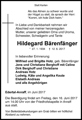 Traueranzeige von Hildegard Bärenfänger von Waldeckische Landeszeitung