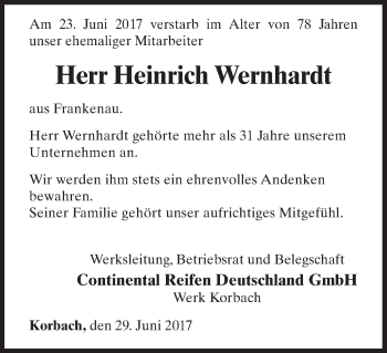 Traueranzeige von Heinrich Wernhardt von Waldeckische Landeszeitung