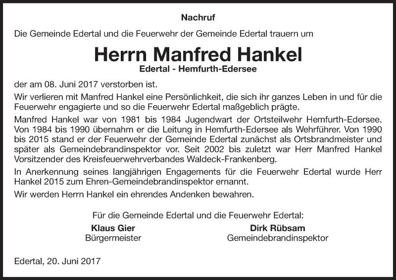  Traueranzeige für Manfred Hankel vom 20.06.2017 aus Waldeckische Landeszeitung