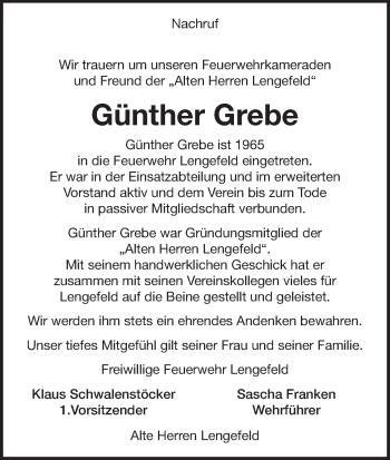 Traueranzeige von Günther Grebe von Waldeckische Landeszeitung