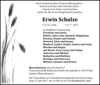 Traueranzeige von Erwin Schulze von Waldeckische Landeszeitung