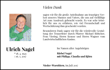 Traueranzeige von Ulrich Nagel von Waldeckische Landeszeitung