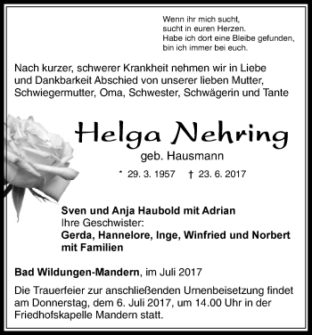 Traueranzeige von Helga Nehring von Waldeckische Landeszeitung