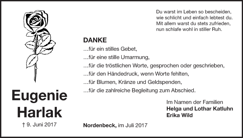  Traueranzeige für Eugenie Harlak vom 15.07.2017 aus Waldeckische Landeszeitung