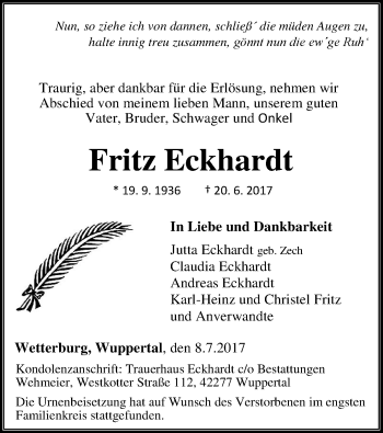 Traueranzeige von Fritz Eckhardt von Waldeckische Landeszeitung