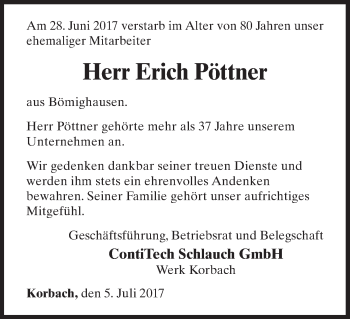 Traueranzeige von Erich Pöttner von Waldeckische Landeszeitung