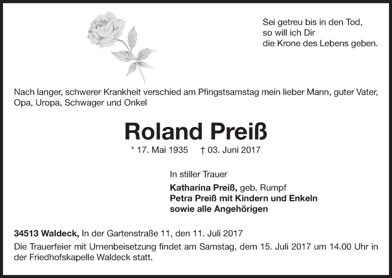  Traueranzeige für Roland Preiß vom 11.07.2017 aus Waldeckische Landeszeitung