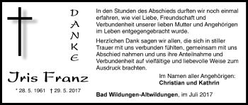 Traueranzeige von Iris Franz von Waldeckische Landeszeitung