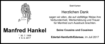 Traueranzeige von Manfred Hankel von Waldeckische Landeszeitung