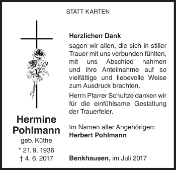 Traueranzeige von Hermine Pohlmann von Waldeckische Landeszeitung