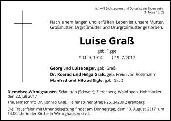 Traueranzeige von Luise Graß von Waldeckische Landeszeitung