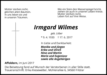 Traueranzeige von Irmgard Wilmes von Waldeckische Landeszeitung