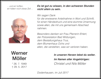 Traueranzeige von Werner Möller von Waldeckische Landeszeitung