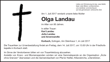 Traueranzeige von Olga Landau von Waldeckische Landeszeitung