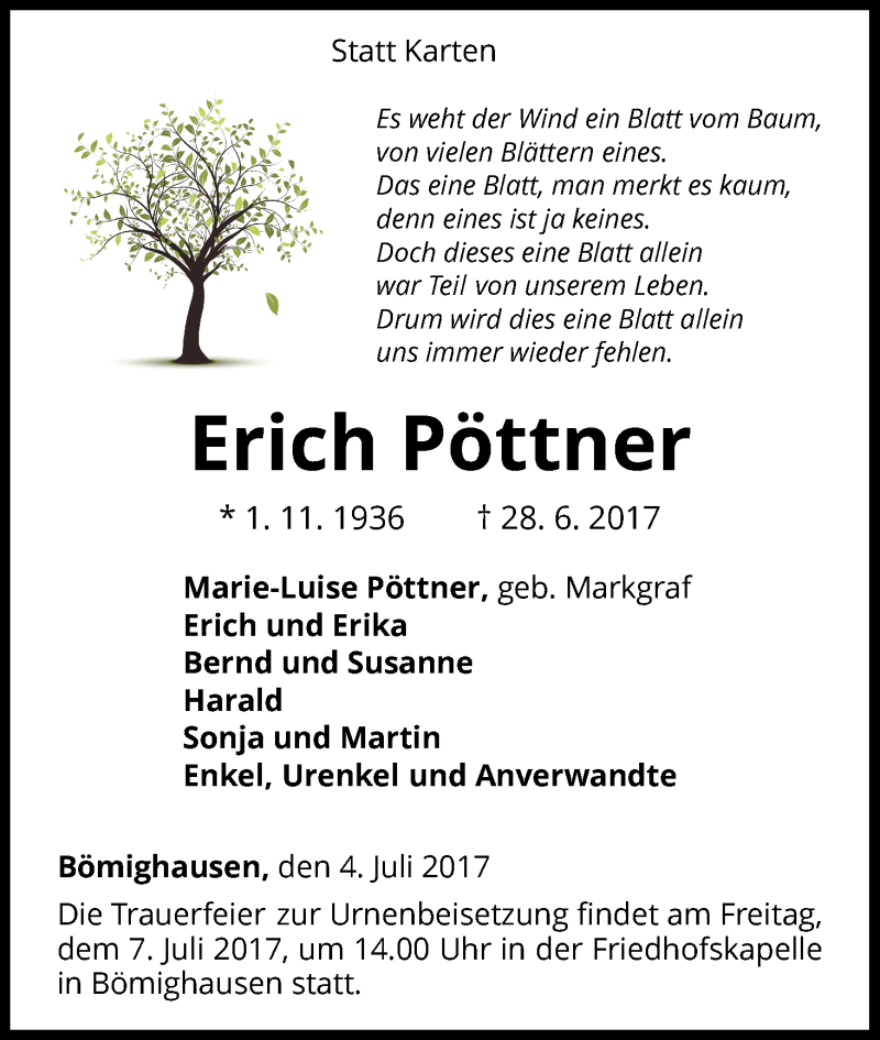  Traueranzeige für Erich Pöttner vom 04.07.2017 aus Waldeckische Landeszeitung