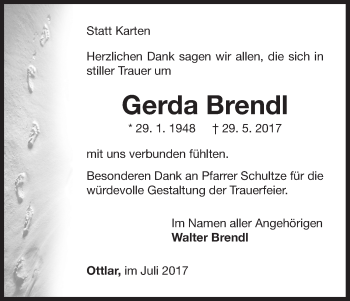 Traueranzeige von Gerda Brendl von Waldeckische Landeszeitung