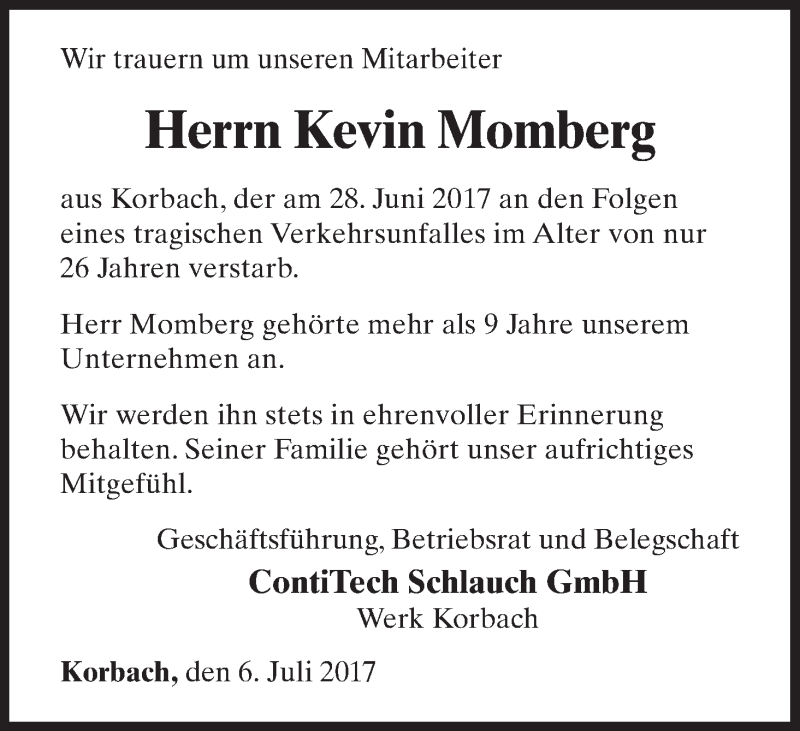  Traueranzeige für Kevin Momberg vom 06.07.2017 aus Waldeckische Landeszeitung