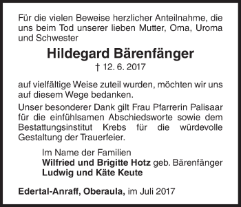 Traueranzeige von Hildegard Bärenfänger von Waldeckische Landeszeitung