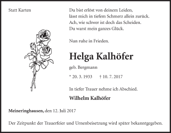 Traueranzeige von Helga Kalhöfer von Waldeckische Landeszeitung