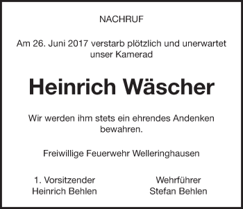 Traueranzeige von Heinrich Wäscher von Waldeckische Landeszeitung