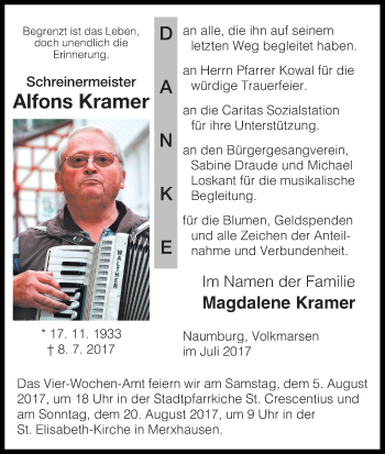 Traueranzeige von Alfons Kramer von Waldeckische Landeszeitung