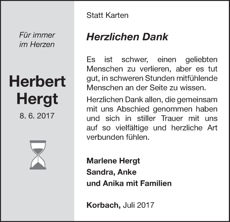  Traueranzeige für Herbert Hergt vom 29.07.2017 aus Waldeckische Landeszeitung
