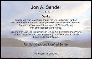 Traueranzeige von Jon A. Sender von Waldeckische Landeszeitung