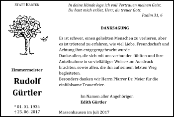 Traueranzeige von Rudolf Gürtler von Waldeckische Landeszeitung