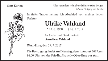 Traueranzeige von Ulrike Vahland von Waldeckische Landeszeitung