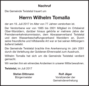 Traueranzeige von Wilhelm Tomalla von Waldeckische Landeszeitung