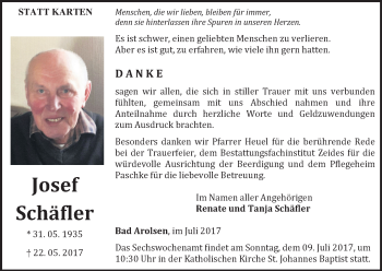 Traueranzeige von Josef Schäfler von Waldeckische Landeszeitung