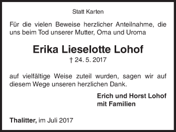 Traueranzeige von Erika Lieselotte Lohof von Waldeckische Landeszeitung