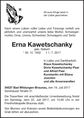 Traueranzeige von Erna Kawetschanky von Waldeckische Landeszeitung