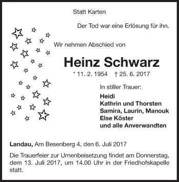 Traueranzeige von Heinz Schwarz von Waldeckische Landeszeitung