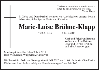 Traueranzeige von Marie-Luise Brühne-Klapp von Waldeckische Landeszeitung